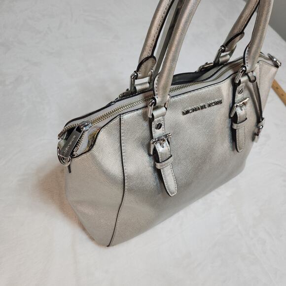 Michael Kors Purse Set of 3 Silver Metallic Shiny Handbag Crossbody Wallet Match - Picture 11 of 15